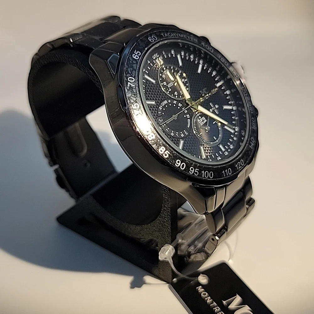 NEW Gun Metal Black Gold Mens Chunky 50mm Quartz Watch 3 Link Band Montres Carlo